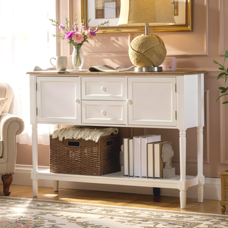 Sunvega Retro Console Table with Drawers Cabinets and Bottom Shelf for Living Room