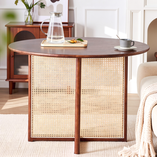 Sunvega Chinese Country Retro Walnut Solid Wood Round Table with Imitation Rattan Legs