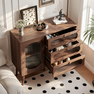 Sunvega Natural Wood Accent Cabinet with 3 Drawers and Storage Shelves
