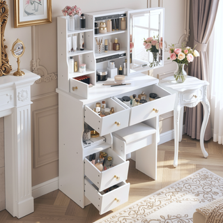 Sunvega Small Size Left Drawer Vanity Table with Cushioned Stool and LED Mirror