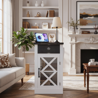 Sunvega Farmhouse End Table with Charging Station and Adjustable Shelf for Bedroom