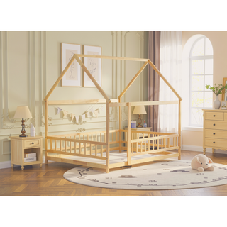 Sunvega Natural Wood House Roof Frame Floor Bed with Safety Guardrails
