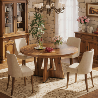 Sunvega 47 Inch Round Wood Dining Table with Walnut Finish for 4-6 Seating