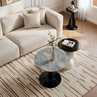 Sunvega Round White Pedestal Side Table with Marble Effect Top for Living Room