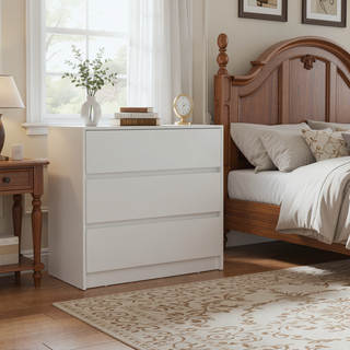 Sunvega 3 Drawer White Chest with Metal Rails for Bedroom Storage