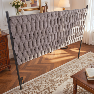 Sunvega Braided Matisse Queen Size Headboard with Grey Fabric and Black Metal Frame