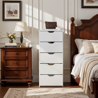 Sunvega Five Drawer Narrow Dresser in White Finish for Bedroom