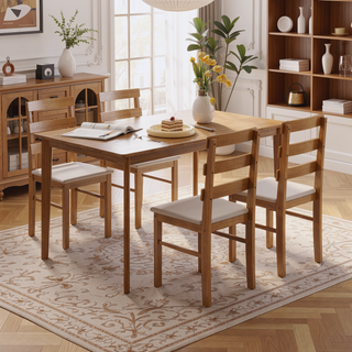 Sunvega Solid Wood Dining Table and Chair Set with Upholstered Cushions for Practical Household Use