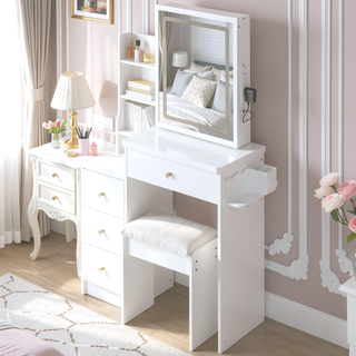 Sunvega Small Size Left Bedside Vanity Table with Cushioned Stool and Touch LED Mirror