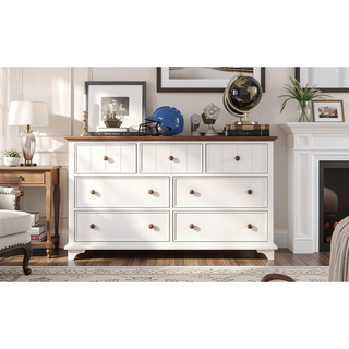 Sunvega Retro White and Walnut Wooden Seven-Drawer Dresser for Bedroom Storage