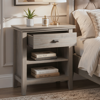 Sunvega Distressed Grey Transitional Bedside Table with Drawer and Shelf