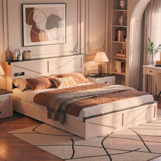 Sunvega Farmhouse Full Size Bed Frame with Storage Headboard, Drawers, Charging Station & LED Lights