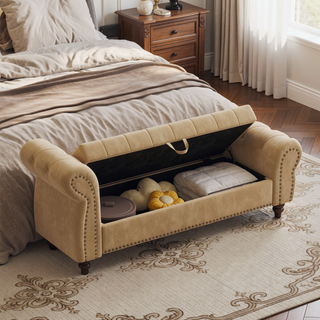 Sunvega Tufted Velvet Upholstered Bed Bench with Storage and High Backrest Chaise Lounge
