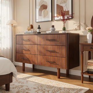 Sunvega Mid Century Modern Walnut Dresser with 6 Spacious Solid Wood Drawers