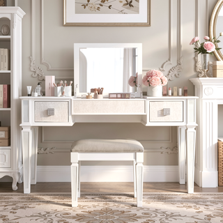 Sunvega Mirrored Vanity Desk with Stool, Flip Up Mirror and Drawers for Bedroom Makeup Room