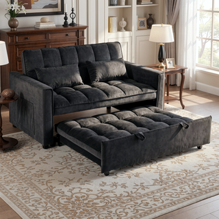 Sunvega Pink Velvet Convertible Sofa Bed with Reclining Backrest and Storage Pockets