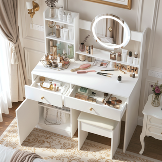 Sunvega White Makeup Vanity Desk with Mirror Lights Adjustable Brightness and Chair