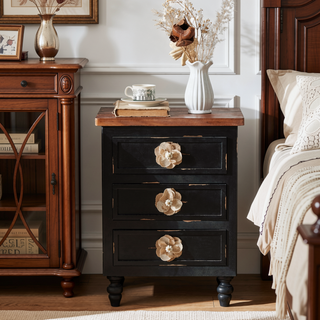 Sunvega Vintage Farmhouse End Table with Floral Knobs and Gourd Legs