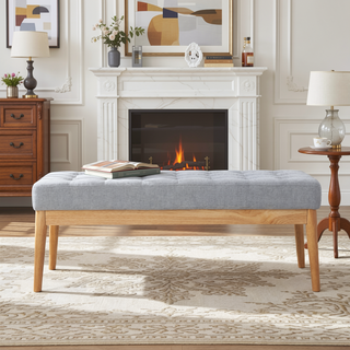 Sunvega Mid Century Modern Tufted Bench with Solid Birch Legs and Natural Finish