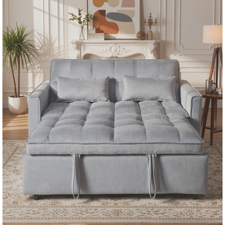 Sunvega Pink Velvet Convertible Sofa Bed with Reclining Backrest and Storage Pockets