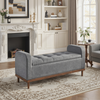 Sunvega Solid Wood Walnut Finish Tufted Dark Gray Upholstered Storage Bench with Lift Top