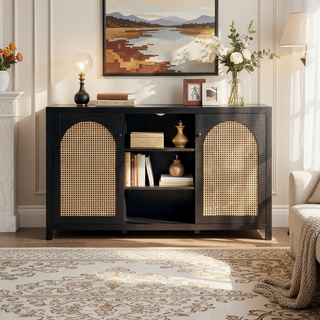 Sunvega Transitional 58-Inch Sideboard with Arched Rattan Door Panels