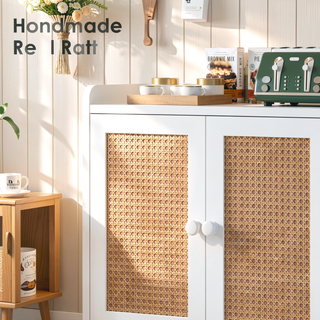 Sunvega Medieval Style Buffet Cabinet with Rattan Doors and Baffle Strip Design