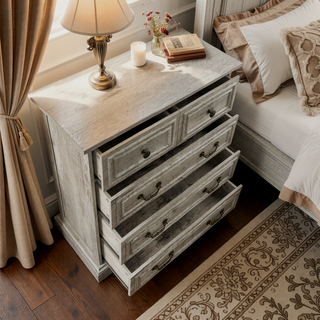 Sunvega Vintage Farmhouse Dresser with 5 Drawers and Antique White Finish