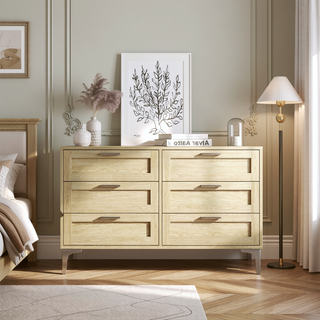 Sunvega 6 Drawer Wood Dresser with Polished Silver Legs and Light Oak Veneer