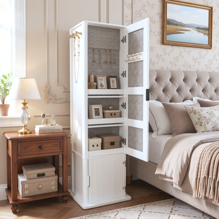 Sunvega 360-Degree Rotating Makeup Jewelry Cabinet with Full-Length Mirror and Coat Rack