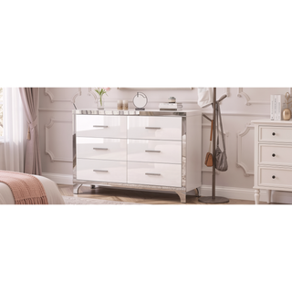 Sunvega High Gloss White Dresser with 6 Drawers and Metal Handle for Bedroom