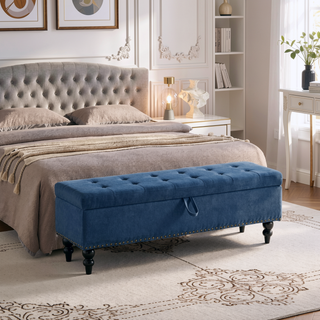 Sunvega Beige Fabric Upholstered Storage Ottoman Bench with Button Tufted Top