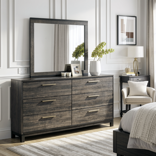 Sunvega Antique Grey Finish Wood King Bed Set with Dresser Mirror Nightstand Chest