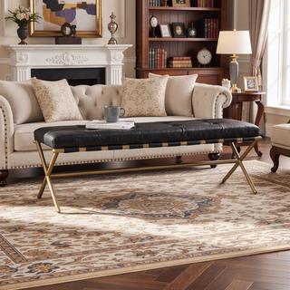 Sunvega Faux Leather Bench with Tufted Upholstery and Gold Metal Frame