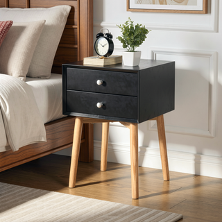 Sunvega Mid-Century Modern Bedside Table with 2 Drawers and Rubber Wood Legs