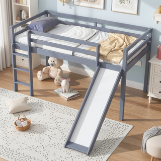 Sunvega Grey Twin Low Loft Bed with Slide, Ladder, and Safety Guardrails