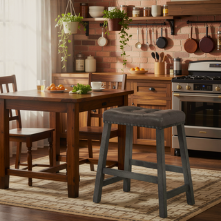 Sunvega Distressed Wooden Farmhouse Barstools with Faux Leather Seat, Counter-Height