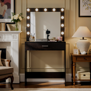 Sunvega Vanity Desk with Mirror Lights Large Drawer 1 Level Storage Dresser