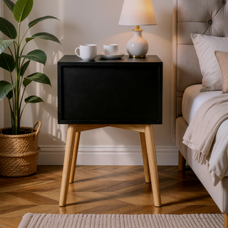 Sunvega Mid-Century Modern Bedside Table with 2 Drawers and Rubber Wood Legs