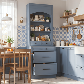 Sunvega Freestanding Tall Kitchen Pantry Cabinet with Faux Marble Top and 5 Storage Drawers