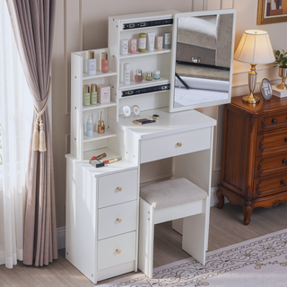Sunvega Small Space Left Bedside Cabinet Vanity Table with Cushioned Stool and Sliding Mirror