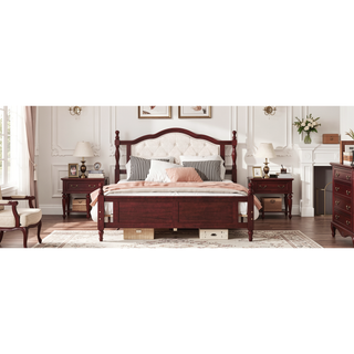Sunvega Queen Pine Wooden Bed with Upholstered Headboard and Panel Footboard