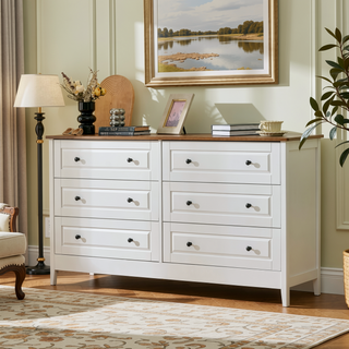 Sunvega White Dresser with 6 Spacious Drawers and Metal Handles for Bedroom