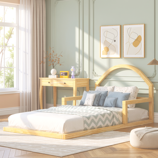 Sunvega Natural Wood Floor Bed with House-Shaped Headboard for Kids Room