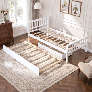 Sunvega Twin Bed Frame with Trundle and Headboard for Small Bedroom Space Saving