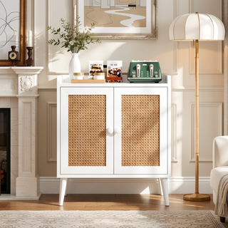 Sunvega Medieval Style Buffet Cabinet with Rattan Doors and Baffle Strip Design