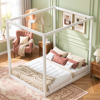 Sunvega White Queen Size Canopy Platform Bed with Support Legs and Sturdy Frame