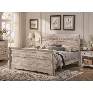 Sunvega White Wash Finish King Sleigh Bed Dresser Mirror Nightstand Bedroom Set