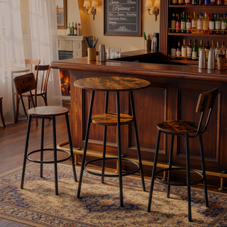 Sunvega Rustic Brown Bar Stool Set with Backrest, Shelf, and Footrest