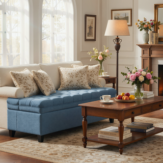 Sunvega Blue Fabric Storage Ottoman with Birch Legs for Living Room Seating